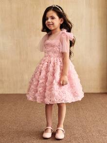 SHEIN 年轻女孩3D花卉装饰肩结优雅派对礼服 - 粉色 - 查看 7