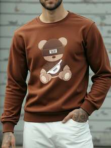 Manfinity Hypemode Standard Size Men's Funny Cartoon Backpack, Brown Bear Pattern Crew Neck Fleece Sweatshirt, Gift For Boyfriend