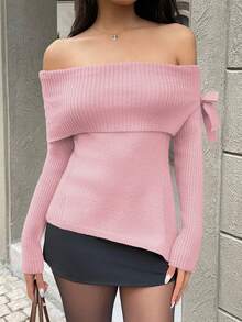 SHEIN Unity 女士纯色露肩不对称下摆长袖套头毛衣 - 粉色 - View 6