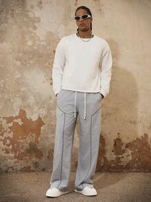 PAVTROS Men's Solid Color Casual Straight Wide-Leg Sweatpants,Gray,Summer,Streetwear,City Break,Baggy Loose-Fitting Sporty Stitching Oversized Flared Retro - Grey - View 5