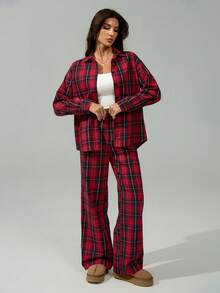 SHEIN Tall Bộ đồ hai mảnh họa tiết kẻ caro đỏ dành cho nữ, thoải mái và giản dị, phong cách Giáng sinh thu đông, thích hợp cho các bữa tiệc và tụ họp, người mua rất vui khi được ăn mừng - Đỏ - Xem 4