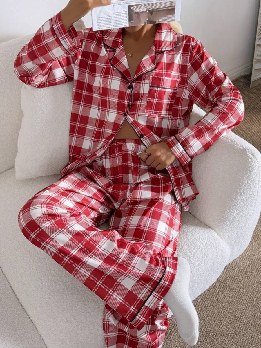 SHEIN Bộ đồ ngủ dài tay họa tiết kẻ caro đỏ thường ngày có cổ dành cho nữ - Nhiều màu - Xem 1