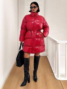 EURMUSE Cappotto imbottito con coulisse e chiusura lampo da donna, invernale - Rosso - Visualizzare 4