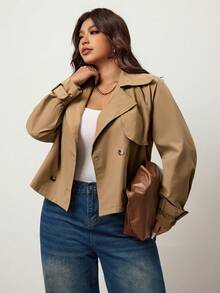 Enliva Plus Size Women's Autumn And Winter Fashion Casual Loose Comfortable Daily Basic Versatile Classic Khaki Short Windbreaker Jacket,Fall Outfits,Simle Style,Winter Coats, For Apple Rounded Body Shape - Khaki - View 7