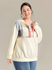 Momelise Plus Size Women Geometric Print Button Half Placket Drop Shoulder Long Sleeve Casual Loose Sweatshirt,Beige,Autumn,Smart Casual,Picnic Quilted Tops - Multicolor - View 6