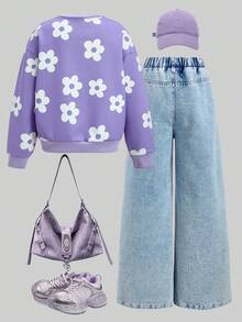 Sparklyn Bộ đồ 2 món dành cho bé gái tuổi teen, gồm áo hoodie dài tay dáng rộng, thoải mái với họa tiết hoa 3D dễ thương, phù hợp cho việc đi làm hàng ngày, thư giãn, du lịch và những buổi tụ họp chị em. - Màu tím - Xem 2