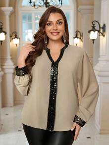 EMERY ROSE Camisa de manga larga con lentejuelas y bloques de color de talla grande - Caqui - Ver 3
