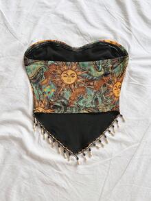 Soleia Top tubo de ganchillo estilo bohemio con estampado y cadena con cuentas, adecuado para fiesta, Navidad, cita, discoteca, playa, crucero, té de la tarde, carnaval para mujer talla grande - Multicolor - Ver 3