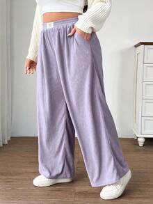 SHEIN EZwear Plus Size Women's High Waist Loose Corduroy Fabric Pants With Pockets And Patch Design, Suitable For Campus, Daily Wear, And Indoor Work, Lavender, Autumn/Winter - Mauve Purple - View 3