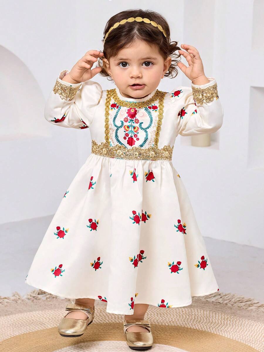 Baby Girl Ditsy Floral Fitted Round Neck Woven Dress With Rose Gold Ribbon - Multicolor - View 1