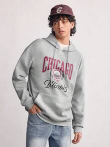 Open Phase 男士连帽衫，饰有学院风字母图案，时尚芝加哥伊利诺伊州图案印花，保暖内衬，秋冬季必备单品，日常搭配，男友/老公礼物 - 灰色 - 查看 4