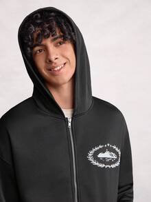 Open Phase 男士长袖拉链领休闲复古印花连帽卫衣，春夏款 - 黑色 - 查看 5