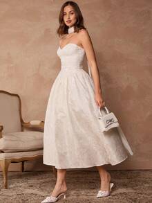 Enchnt 女士法式纹理抹胸系带连衣裙 - 白色 - 查看 5