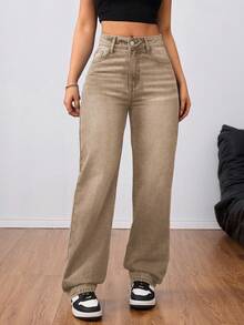 SHEIN Tall Women's High Waist Boyfriend Jeans, Faded Light Blue Washed Y2K Style Denim Pants - Khaki - View 5