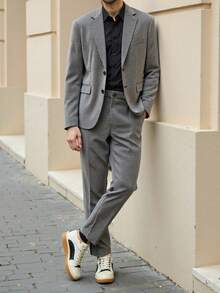 Manfinity Bizformal Chaqueta de traje de un solo botón y pantalones de unicolor con solapa para hombre, conjunto de negocios - Gris - Ver 7