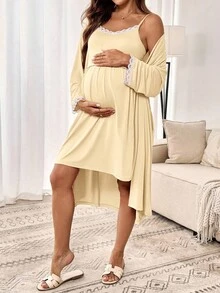 SHEIN Bộ 2 món áo choàng và áo hai dây ren dành cho bà bầu - Màu be - Xem 6