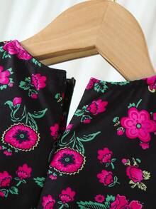 SHEIN 女婴优雅可爱黑色花卉图案金色滚边长袖连衣裙 - 黑色 - 查看 5