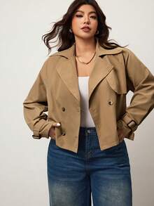 Enliva Plus Size Women's Autumn And Winter Fashion Casual Loose Comfortable Daily Basic Versatile Classic Khaki Short Windbreaker Jacket,Fall Outfits,Simle Style,Winter Coats, For Apple Rounded Body Shape - Khaki - View 4