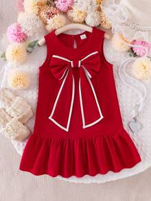 Glamorique Kids 红色无袖女童连衣裙，领口饰有3D蝴蝶结，蓬松多层裙摆设计，尽显公主风范，甜美可爱，适合日常穿着或节日场合。 - 紅色 - 查看 5