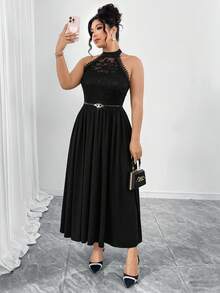 Elenzga Robe mi-longue décontractée à encolure en V, empiècement en dentelle, taille élastique, sans manches, volants à la taille, ourlet évasé. Convient pour la Saint-Valentin, les vacances, les fêtes - Noir - Voir 7