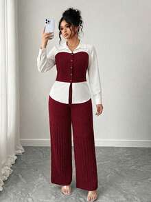 Elenzga Ensemble 2 pièces grande taille pour femmes, Top à simple boutonnage à manches longues et pantalon, tenue décontractée - Rouge - Voir 1