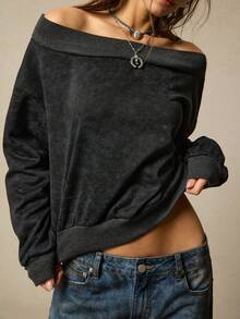 SoleilVie Women's Off-Shoulder Sweatshirt, Women's Washed Minimalist Versatile Commuter Sweatshirt, Autumn/Winter - Grey - View 3