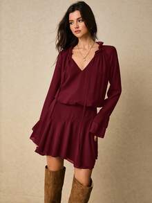 Poéselle 女士纯色系带领优雅长袖迷你连衣裙 - 酒紅色 - 查看 4