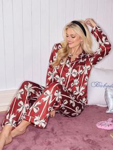 SweetSlumber Sweet Striped Bow Cardigan Women Pajama Set Valentine's Day Lounge Sets For Women Sleepwear Red Pj Set Women - Multicolor - View 1