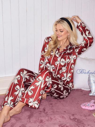 SweetSlumber Sweet Striped Bow Cardigan Women Pajama Set Valentine's Day Lounge Sets For Women Sleepwear Red Pj Set Women