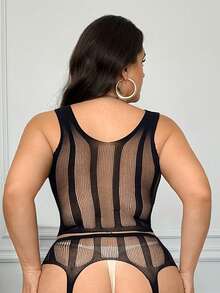 ChaseTheNight Bộ đồ 2 món gợi cảm cỡ lớn: Áo croptop xuyên thấu co giãn và áo liền thân khoét đáy. - màu đen - Xem 7