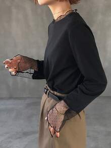 FRIFUL 纯色拼接薄纱波点网眼宽松休闲百搭T恤