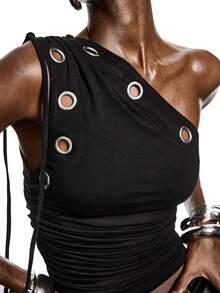 LYSMO Dam Y2K Rynkad Nyckelhålsdesign Ärmlös Figurnära Modern Crop Top - Svart - Visa 8