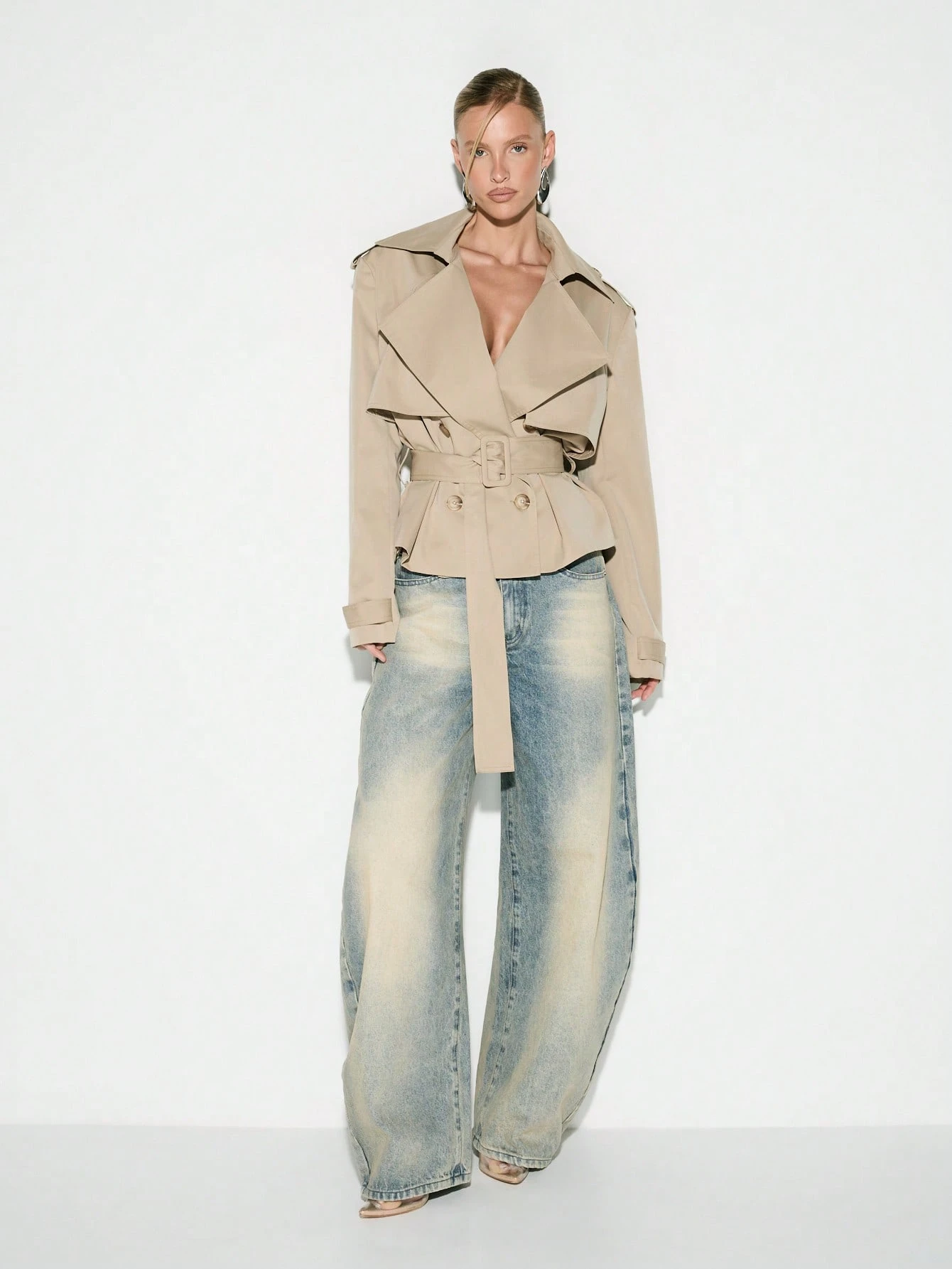 KIZN Cropped Trench Coat With Shoulder Pads