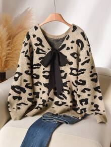 CosyJoli Plus Size Casual V-Neck Bowknot Tie Back Loose Pullover Sweater/Winter - Multicolor - View 1