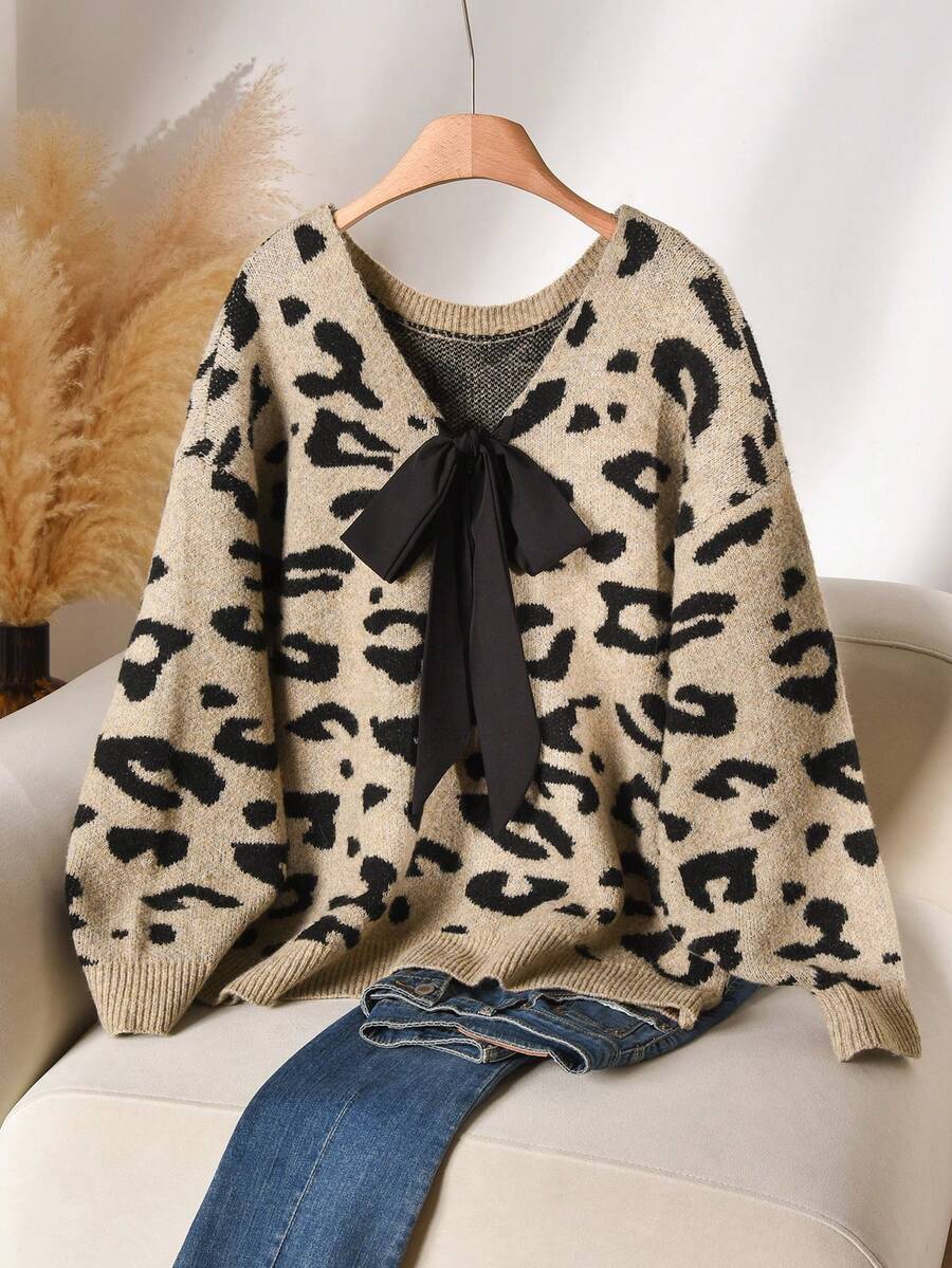 CosyJoli Plus Size Casual V-Neck Bowknot Tie Back Loose Pullover Sweater/Winter - Multicolor - View 1