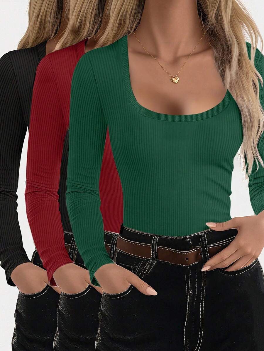 SHEIN LUNE Women's Solid Color Scoop Neck Long Sleeve Fitted Ribbed Casual T-Shirt - Multicolor - View 1