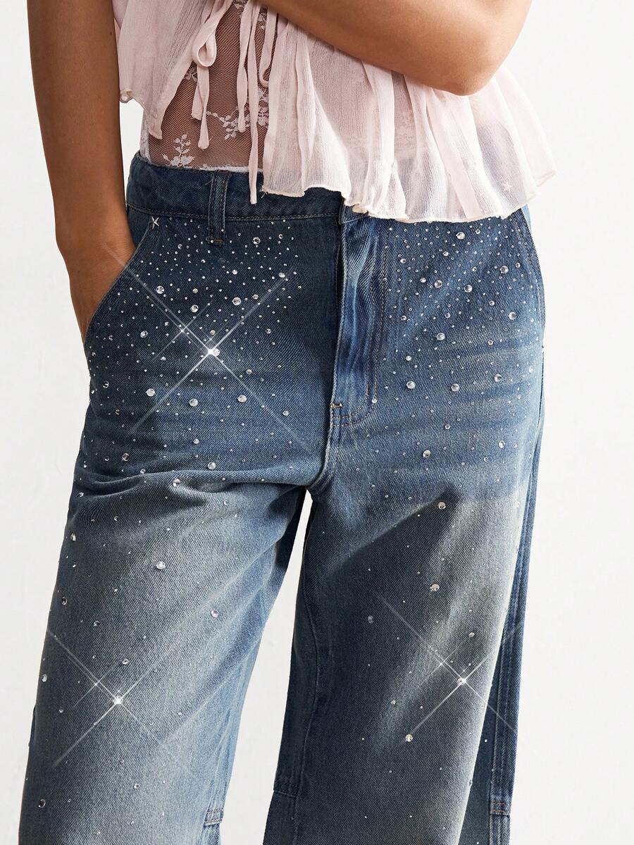 Bohemela 镶钻宽松休闲牛仔阔腿裤，适合度假和派对穿着 - 藍色 - 查看 1