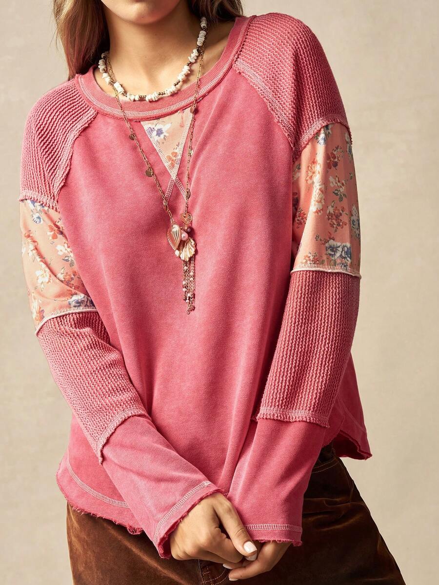 Bohemela Casual Knit Patchwork Round Neck Loose Fit Women Sweatshirt - Multicolor - View 1