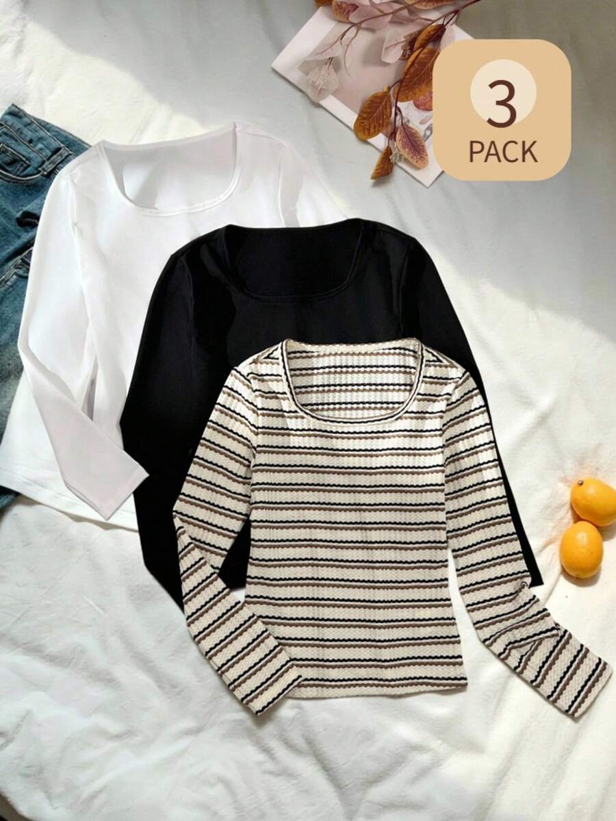 Setelan 3 Potong Garis-Garis Hitam Putih untuk Anak Perempuan Remaja, Musim Gugur, Kasual, Sekolah, Kaos Lengan Panjang Bergaris Leher Persegi Serbaguna, Atasan untuk Berlapis - MultiWarna - View 1