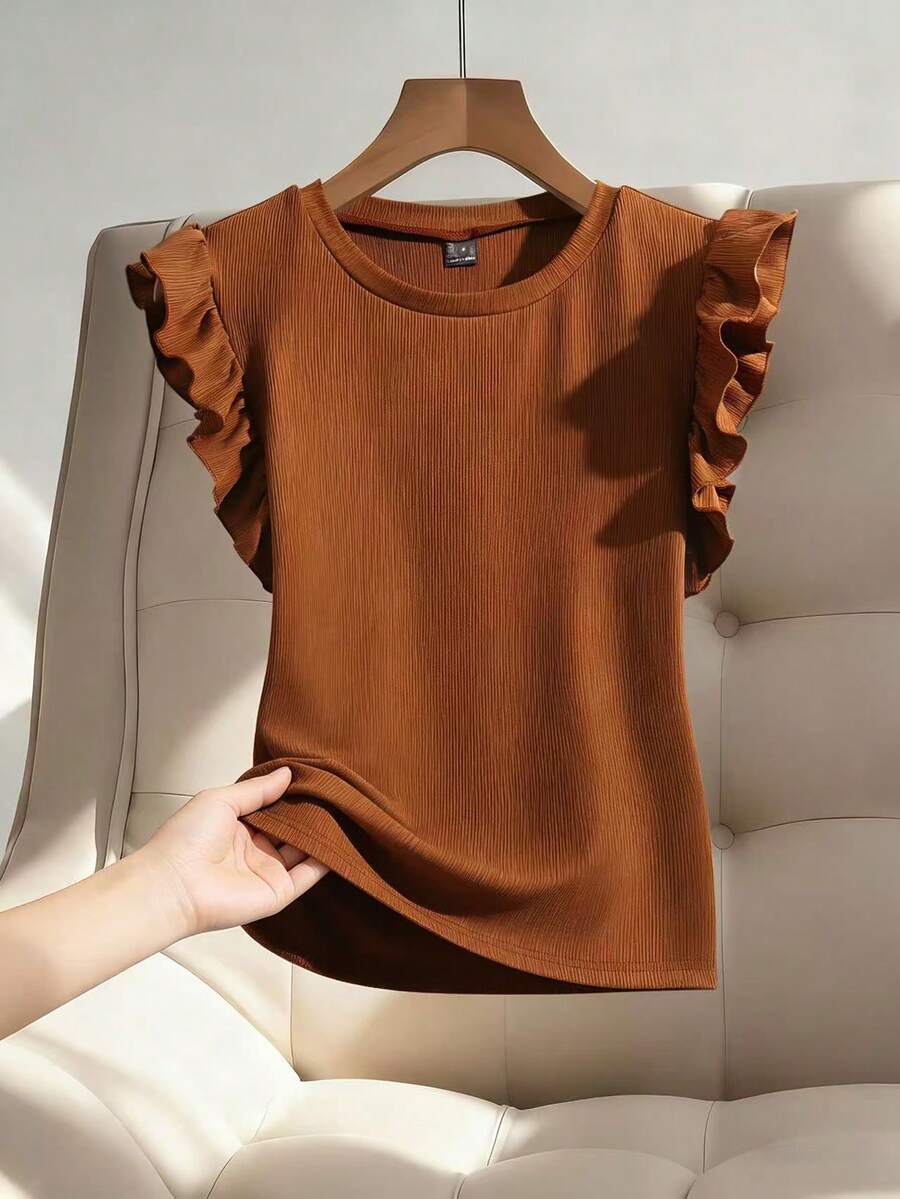 Franclia Top tejido de canalé de cuello redondo ribete con fruncido - Marrón - Ver 1