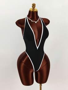 Amplova 1件装女士性感单色连体衣，深V领露背蝴蝶结设计，精致优雅，适合情人节穿着。 - 黑與白 - 查看 5