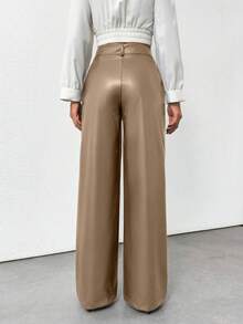 Plus Size Women's Gold Button Detailed Straight Fit Leather Pant - Mocha Brown - View 2
