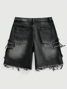ROMWE MEN Men's Cross Patch Pocket Distressed Casual Denim Shorts - Black - View 5