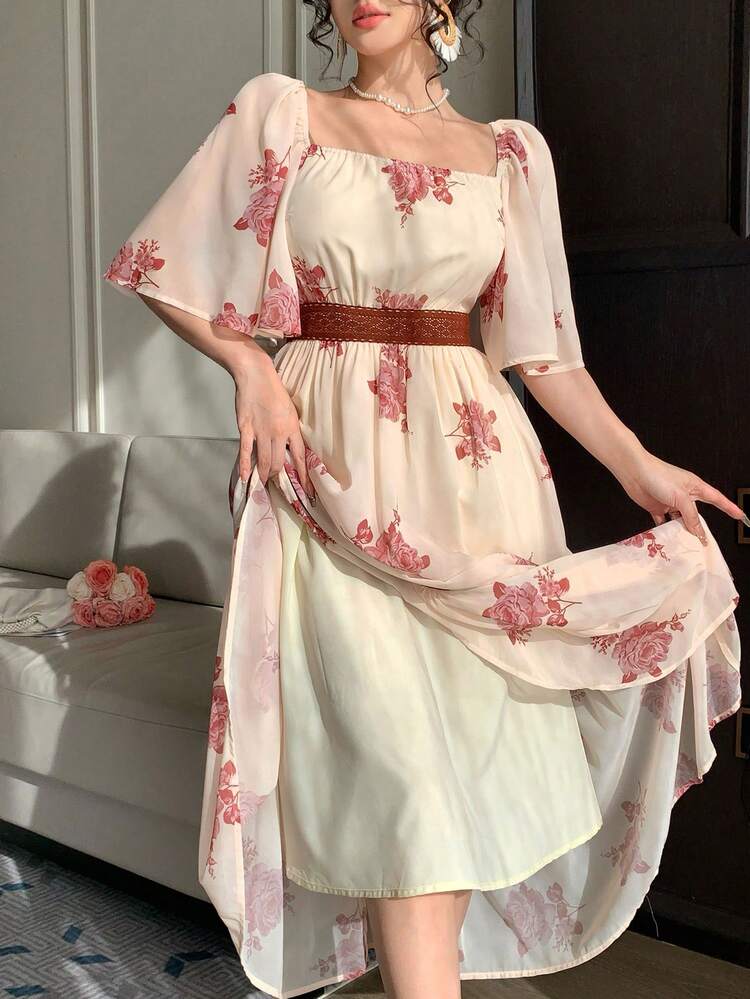 DAZY Vestido midi de mujer elegante con bloqueo de color, encaje y estampado floral, vestido de verano - Burdeos - Añade 9