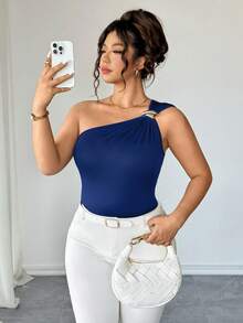Elenzga Plus Size Women Metallic Pleated Blouse In Navy Blue Royal Blue One Shoulder Top One Sleeve Top One Shoulder Blouse Women Sexy Tops Women Sleeveless Tops - Blue - View 4