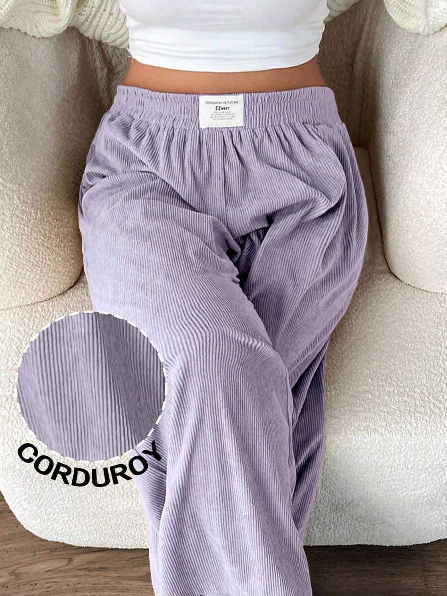 SHEIN EZwear Plus Size Women's High Waist Loose Corduroy Fabric Pants With Pockets And Patch Design, Suitable For Campus, Daily Wear, And Indoor Work, Lavender, Autumn/Winter - Mauve Purple - View 1