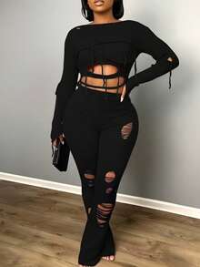 BamGleam 女士针织长裤，高腰微喇叭粉色修身性感度假旅行休闲派对服装，适合春、秋、夏、冬四季穿着。 - 黑色 - 查看 5