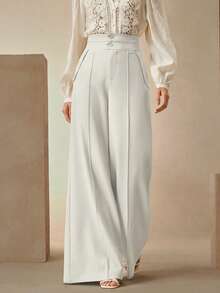 Anewsta 优雅高腰喇叭双排扣西装裤，时尚都市风，新年必备 - 白色 - 查看 4