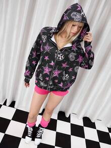 Y2Kool Annarte 女士冬季黑色秋季星空爱心印花长袖拉链连帽外套 时尚服装系列 新年穿搭 辣妹风图案外套 - 黑色 - 查看 3