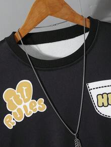 Vacaura 2pcs Boys Crown Graphic Crew Neck Black Sweatshirt And Sweatpants Set, Suitable For Outdoor Spring/Autumn - Black - View 5